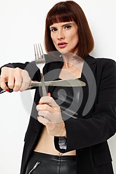 photo pretty woman knife and fork in hands emotions posing isolated background