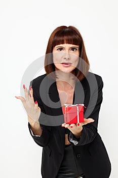 photo pretty woman posing with red gift box surprise Lifestyle unaltered