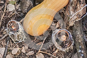 A photo project for Halloween in nature. Two cans with candles inside and dripping paraffin and a orange pumpkin.