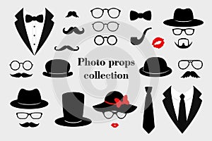 Photo props collections. Retro party set with glasses, mustache, beard, hats, texedo and lips. Vector