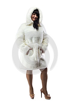 Photo of pudgy brunette in coat with hood