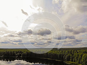 Photo from a quadrocopter of a magic lake in the taiga of Russia