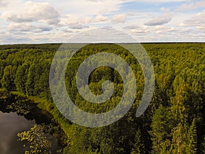 Photo from a quadrocopter of a magic lake in the taiga of Russia