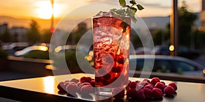 Photo of raspberry mochito in a high glass decorated with mint leaves, against the background of s