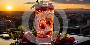 Photo of raspberry mochito in a high glass decorated with mint leaves, against the background of s