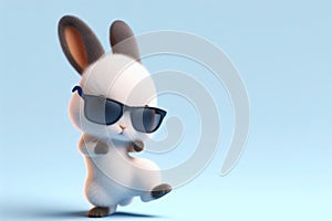 Photo real Cute rabbit with sunglasses dancing isolated on blue background. ai generative