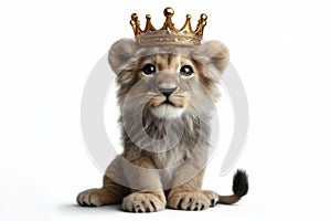 photo of a real Little lion with a large golden crown on his head on a white background. ai generative