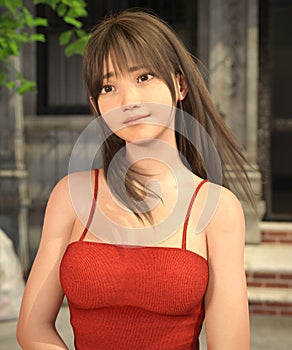 Photo realistic 3D rendered portrait of smiling cute ?asual asian woman on the street