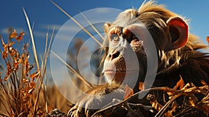 Photo-realistic Chimpanzee Sitting In Grass: A Stunning Rendered Artwork