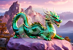 Photo realistic dragon made from glossy green jade on the mountain