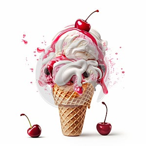 Photo-realistic Ice Cream Cone With Cherry Splash