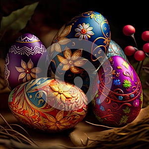 Happy Easter. Easter theme. Photo realistic Illustration of beautiful painted easter egg