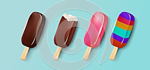 Photo realistic illustration of variety of popsicles and ice cones on blue background.