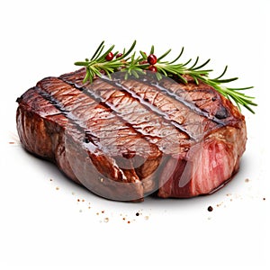 Photo Realistic Steak On White Background With Rosemary Sprigs photo