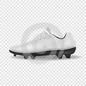 Photo-realistic vector 3d white empty, blank mens football or soccer boots, shoes icon closeup isolated on transparency