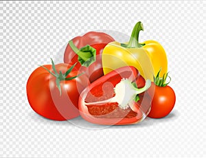 Photo-realistic vector. Red tomato and paprika vegetables. A set of products for a vegetable dish is lecho letscho lecso