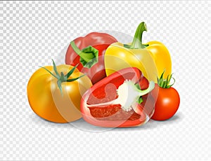 Photo-realistic vector. Red tomato and paprika vegetables. A set of products for a vegetable dish is lecho letscho lecso