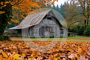 A photo of a red barn standing amidst a carpet of fallen leaves during the autumn season, A rustic barn house surrounded by autumn