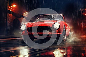 Photo of a red sports car speeding through rain-soaked city streets