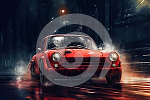 Photo of a red sports car speeding through rain-soaked city streets