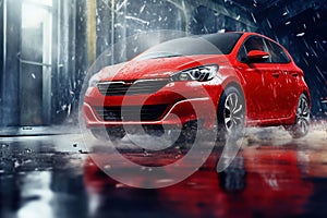 Photo of a red sports car speeding through rain-soaked city streets