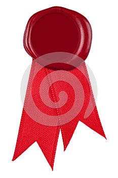 Photo of a red wax seal and ribbon.