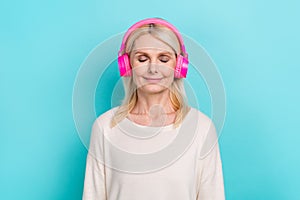 Photo of relaxing woman business worker wear white shirt closed eyes listen itunes wireless earphones lofi music