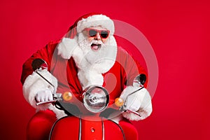 Photo of retired grandfather white beard ride retro scooter open mouth mad careless overtake slow cars fast have fun