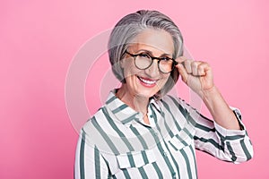 Photo of retired optimistic cheerful businesswoman wear new stylish glasses specs rayban representative director photo