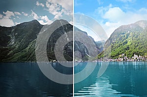 Photo before and after retouch, collage. Picturesque view of small resort town near mountains on riverside