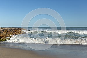 Photo of rock breakwater at mar del plata beach, Argentina