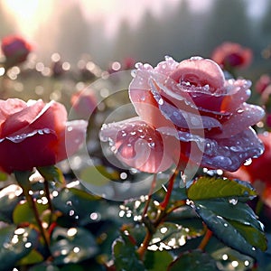 Photo of the rose garden in the early morning. Lush pink roses with drops of dew.