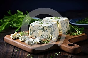 Photo of a rustic wooden cutting board adorned with a delectable block of cheese