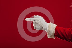 Photo of Santa Claus gloved hand in pointing gesture. fingers