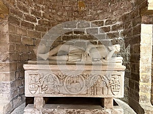 Photo of the sarcophagus tomb of Frederick of Antioch inside the crypt of the Palermo Cathedral.