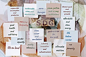 Photo on SDG Sustainable Development Goals theme. Wooden cubes with the acronym `SDG`, and sticky notes