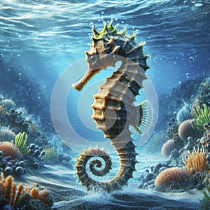 photo of a Seahorse floating under water in the sea splashing. ai generative