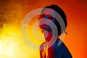 Photo of seductive sexy lady wear nothing enjoying hot steam shower empty space  orange filter color background