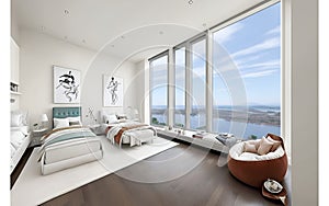 Ai generated a serene bedroom with a scenic waterfront view