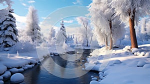 Photo of a serene winter landscape with a river flowing through a snowy forest