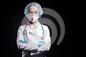 Photo of serious infection doc professional arms crossed look empty space wear medical stethoscope lab coat facial mask