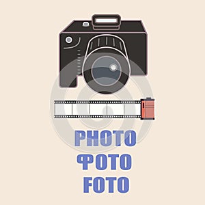 Photo services logo - camera, film and text `Photo` in English and in Russian