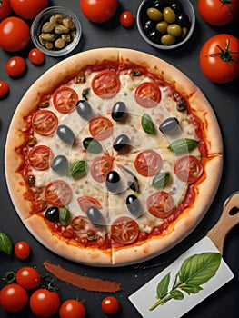 Photo Of Seth Piece And Round Pizza, Tomato, Olives, Pepper. Generative AI