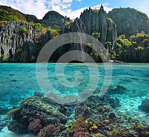 Photo of sharp cliffs and colorful coral reefs in the Philippine