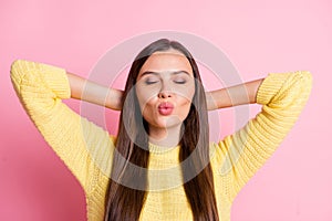 Photo of shiny resting young woman dressed casual clothes arms head closed eyes lips pouted isolated pastel pink color