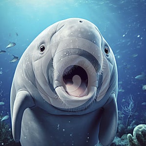 Photo of a Shocked real dugong on underwater nature bokeh background. ai generative