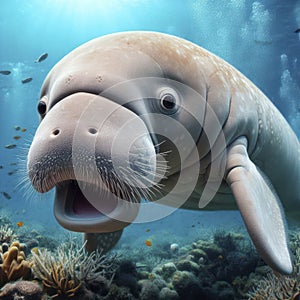 Photo of a Shocked real dugong on underwater nature bokeh background. ai generative