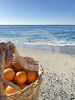 photo shoot with Basket oranges beach