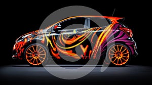 Photo shoot of a car adorned with creative wheel aerographics, making it stand out from the ordina photo