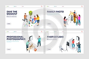 Photo shoot landing pages. Isometric professional photographer, family, pets. Vector photo studio web pages